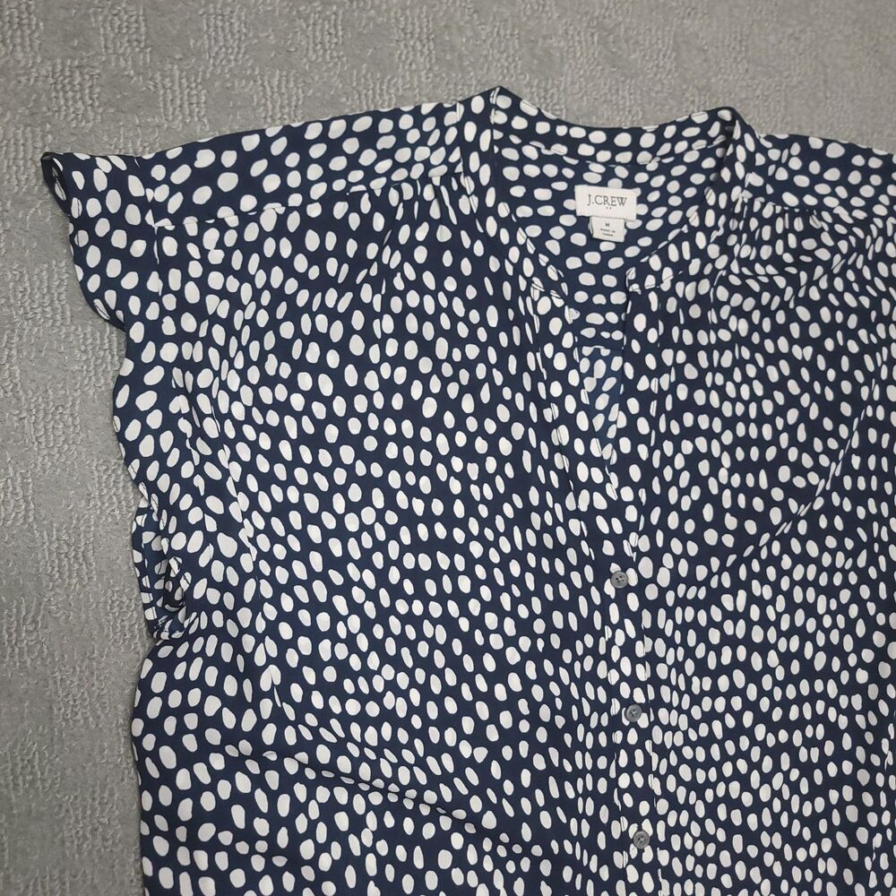 J Crew Button Up Camp Shirt Size M Blue White Polka Dot Sleeveless Blouse - Picture 2 of 9